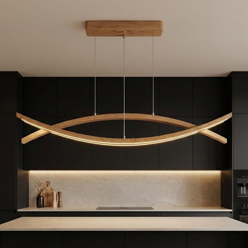 Lámpara LED de madera curvada – Lámpara colgante hecha a mano y personalizada – Lámpara escultural de roble para comedor, isla de cocina o sala de estar imagen 3