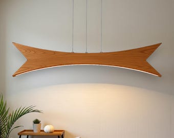 Houten hanglamp - gebogen boog led kroonluchter - dimbare plafondlamp - armatuur voor eetkamer, keukeneiland of woonkamer