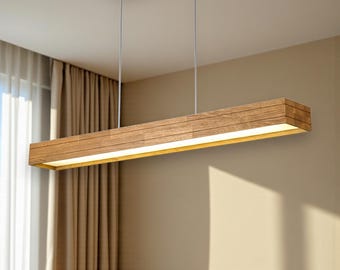Houten hanglamp - Handgemaakte houten lineaire plafondlamp - Woondecoratieverlichting - Verlichtingsarmatuur voor eetkamer, keukeneiland of woonkamer