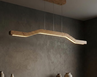Handmade Dimmable LED Oak Pendant Light - Modern Linear Chandelier