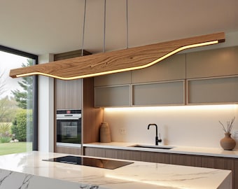 Handmade Oak LED Pendant Light – Modern Linear Wood Chandelier for Kitchen Island