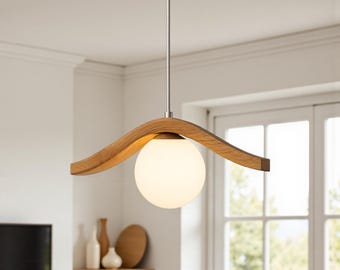 Oak Globe Pendant Lamp: Modern Minimalist Wood Chandelier - Light Fixture for Dining Room, Kitchen Island or Living Room - Wood Ceiling Lamp