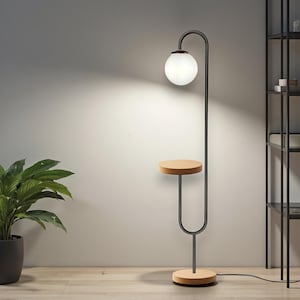 Modern Globe Shelf Floor Lamp: Handmade Oak & Metal Lighting