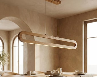 Handgemaakte massief eiken led-hanglamp – dimbare lineaire kroonluchter