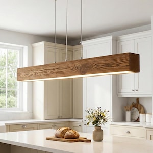 Antique Oak Linear LED Pendant Lamp - Modern Rustic Chandelier for Kitchen Island & Dining Table - Custom Wood Farmhouse Lighting