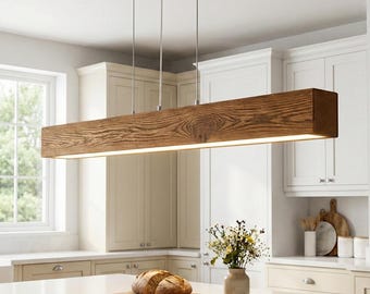 Antique Oak Linear LED Pendant Lamp - Modern Rustic Chandelier for Kitchen Island & Dining Table - Custom Wood Farmhouse Lighting