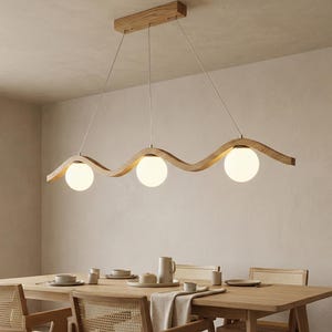 Custom Waved Oak Wood Pendant Light – Modern Globe Chandelier, Handmade