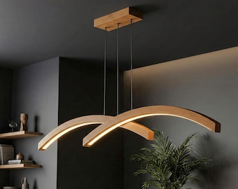 Handgemaakte houten hanglamp - gebogen led-lineaire plafondlamp voor eetkamer, keukeneiland of woonkamer - aanpasbare hangende verlichting