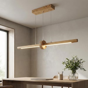 Handmade Linear Wooden LED Pendant Light – Dimmable Oak Ceiling Lamp for Kitchen Island, Dining Table & Modern Interiors - Custom Chandelier