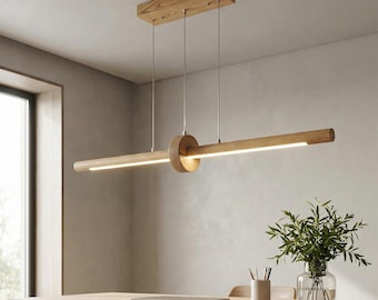 Handmade Linear Wooden LED Pendant Light – Dimmable Oak Ceiling Lamp for Kitchen Island, Dining Table & Modern Interiors - Custom Chandelier