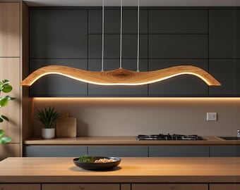 Handmade Curved Wooden LED Pendant Light - Custom Dimmable Oak Linear Chandelier for for Kitchen Island, Dining Table & Living Room