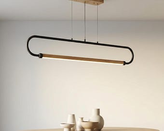 Modern Linear Pendant Light – Wood Metal LED Chandelier for Kitchen Island, Dining Table, Living Room