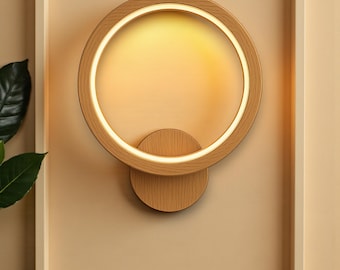 Solid Oak Wood LED Sconce – Modern Ring Light, Minimalist Wall Art Lighting