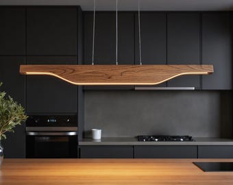 Handmade Oak LED Pendant Light – Modern Linear Wood Chandelier for Kitchen Island