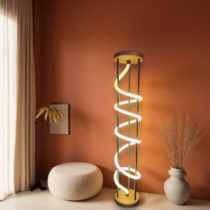 Handmade Spiral LED Floor Lamp: Wood & Metal Helix Light