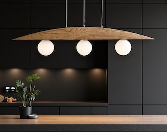 Gebogen eikenhouten bolkroonluchter met 3 lampen - Houten plafondlamp - Woondecoratieverlichting - Verlichtingsarmatuur voor eetkamer, keukeneiland of woonkamer
