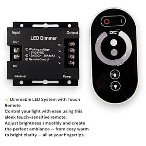 Puede incluir: Un regulador LED negro con terminales de entrada y salida, junto con un mando a distancia t&aacute;ctil. El regulador tiene el texto "LED Dimmer" y "Working voltage: 12V/24VDC". El mando a distancia tiene un control circular e iconos de luz.