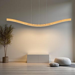 Handmade Oak Wave Pendant Light: Modern Wood Linear Chandelier