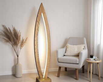 Dimmable Wooden LED Floor Lamp with Remote Control | Handmade Oak Standing Light | Modern Minimalist Lamp for Living Room and Boho Bedroom