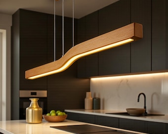 Golfvormige houten plafondlamp - Handgemaakte houten hanglamp - Verlichtingsarmatuur voor eetkamer, keukeneiland of woonkamer - Woondecoratie