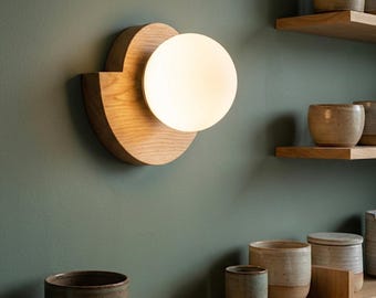 Handmade Oak Wall Sconce with Opal Glass Globe - Custom Minimalist Scandinavian Wooden Wall Light for Bedroom, Hallway, Living Room