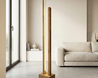 Handmade Wooden LED Floor Lamp – Minimalist Modern Oak Standing Light – Custom Dimmable Vertical Floor Lamp for Living Room & Bedroom