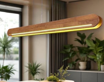 Custom Wood Pendant Light - Dimmable Linear Led Ceiling Lamp - Handame Oak Led Chandelier for Dining Room, Kitchen Island or Living Room