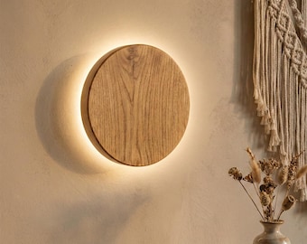Handgemaakte houten cirkel led-wandkandelaar - aangepaste massief eiken ronde wandlamp voor slaapkamer, hal, woonkamer - moderne minimalistische verlichting