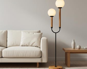 Double Globe Wooden Floor Lamp - Handmade Vertical Standing Lamp - Custom Modern Scandinavian Light for Living Room, Reading Corner