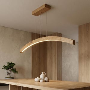 曲線木製LEDシーリングランプ - 手作り木製ペンダントライト - ダイニングルーム、キッチンアイランド、リビングルーム用の吊り下げ照明器具