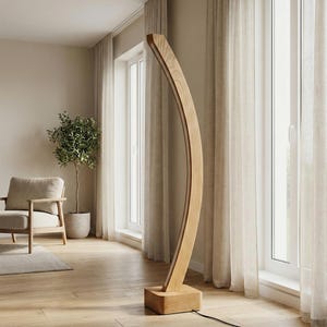 Handgemaakte gebogen houten vloerlamp - minimalistische moderne eiken staande lamp - aangepaste dimbare verticale vloerlamp voor woonkamer en slaapkamer afbeelding 1