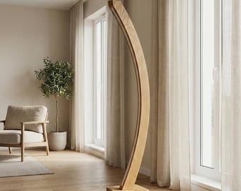 Handmade Curved Wooden Floor Lamp - Minimalist Modern Oak Standing Light - Custom Dimmable Vertical Floor Lamp for Living Room & Bedroom