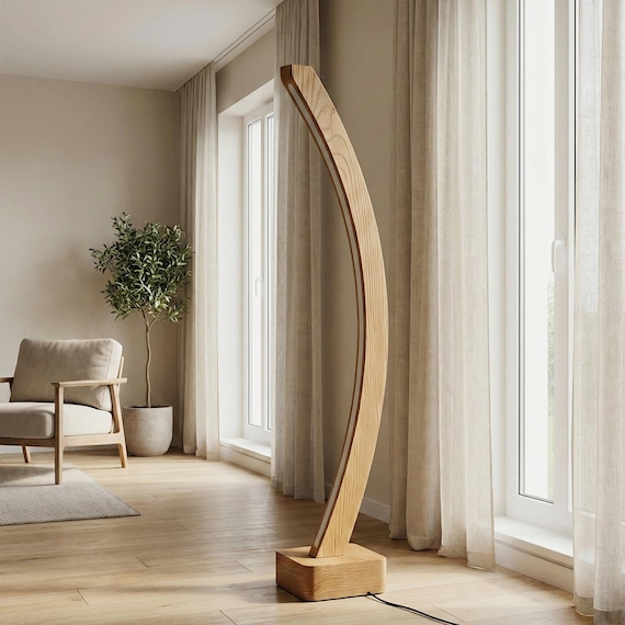 Handmade Curved Wooden Floor Lamp - Minimalist Modern Oak Standing Light - Custom Dimmable Vertical Floor Lamp for Living Room & Bedroom