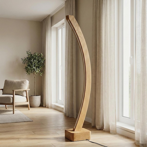 Handmade Curved Wooden Floor Lamp - Minimalist Modern Oak Standing Light - Custom Dimmable Vertical Floor Lamp for Living Room & Bedroom