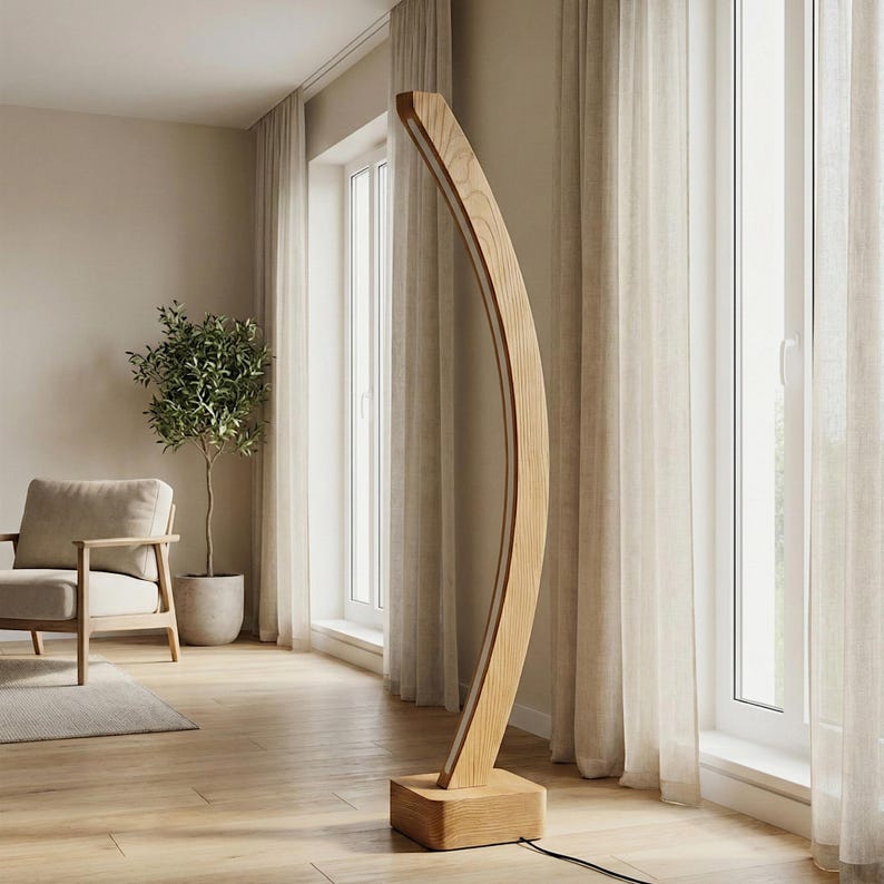 Handgemaakte gebogen houten vloerlamp - minimalistische moderne eiken staande lamp - aangepaste dimbare verticale vloerlamp voor woonkamer en slaapkamer afbeelding 1