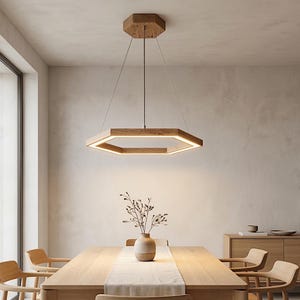 Lámpara colgante LED hexagonal de roble – Lámpara de araña moderna de madera