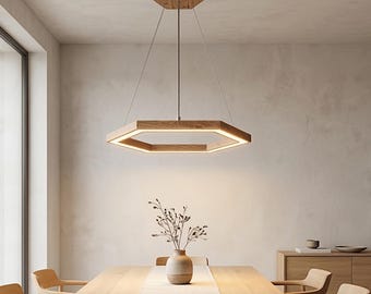 Oak Hexagon LED Pendant Light – Modern Wood Chandelier Fixture