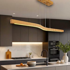 Wave-Shaped Oak LED Chandelier: Handmade Dimmable Kitchen Island Light