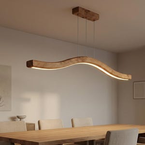 Handmade Curved Wooden LED Pendant Light - Custom Dimmable Oak Chandelier for Kitchen Island, Dining Table & Living Room