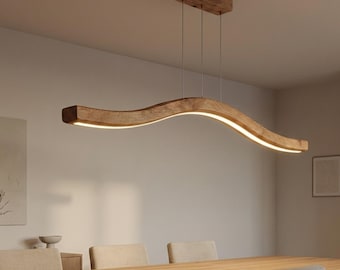 Handmade Curved Wooden LED Pendant Light - Custom Dimmable Oak Chandelier for Kitchen Island, Dining Table & Living Room