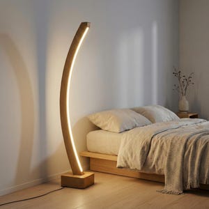 Handgemaakte gebogen houten vloerlamp - minimalistische moderne eiken staande lamp - aangepaste dimbare verticale vloerlamp voor woonkamer en slaapkamer afbeelding 2