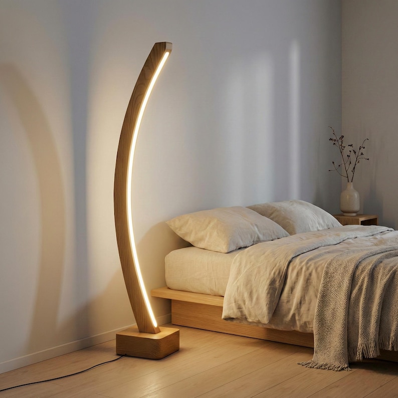 Handgemaakte gebogen houten vloerlamp - minimalistische moderne eiken staande lamp - aangepaste dimbare verticale vloerlamp voor woonkamer en slaapkamer afbeelding 2