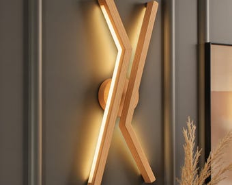 Handmade Angled LED Wall Sconce - Modern Double Rod Wooden Wall Lamp, Bedside and Hallway Accent Lamp - Wall Decor Light - Home Decor Gift
