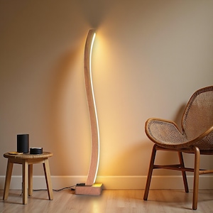 Curved Wooden Floor Lamp – Handmade Modern LED Floor Lamp for Cozy Living Rooms and Reading Corners – Wooden Dimmable Lampshade -Corner Lamp