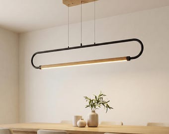 モダンな直線型ペンダントライト – キッチンアイランド、ダイニングテーブル、リビングルーム向けの木製・金属製LEDシャンデリア