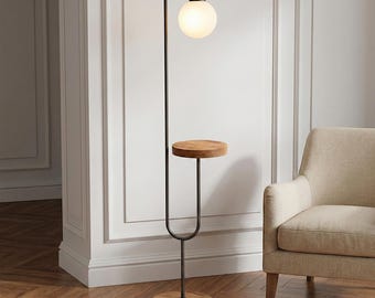Handmade Oak Globe Floor Lamp – Modern Bedside Reading Lamp with Shelf