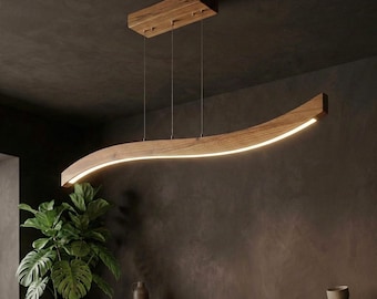 Ręcznie robiona lampa wisząca z drewna – niestandardowa ściemnialna lampa sufitowa LED do wyspy kuchennej, jadalni, salonu