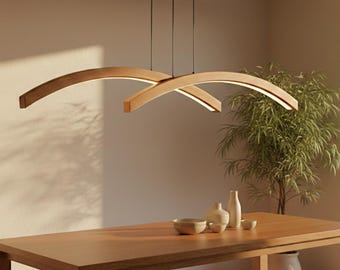Lámpara colgante LED de roble curvado hecha a mano – Lámpara colgante lineal moderna