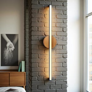 Minimalistische LED-Wandleuchte aus Eichenholz - Handgefertigte lineare Lampe - Wandkunst-Leuchte