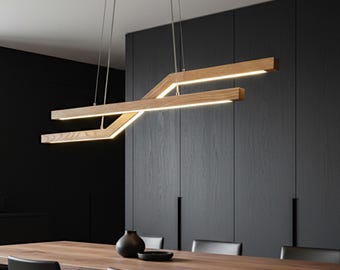 Niestandardowa lampa wisząca LED z litego dębu – liniowy żyrandol do jadalni lub kuchni (ściemnialny)